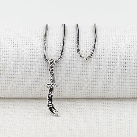 Hz Ali Yazılı Zulfikar Kalın Zincirli 925 Ayar Gümüş Erkek Kolye