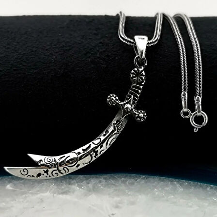 Hz Ali Yazılı Zulfikar  Kalın Zincirli  925 Ayar Gümüş Erkek Kolye