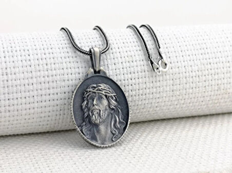 Hz İsa Dikenli Taçlı Üç Boyutlu 925 Ayar Gümüş Erkek Kolye