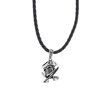 Kuru Kafa Tasarımlı Deri İpli 925 Ayar Gümüş Erkek Kolye