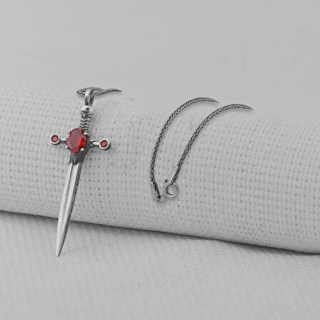 Kırmızı Taşlı Kral Zincirli Şovalye 925 Ayar Gümüş Erkek Kolye