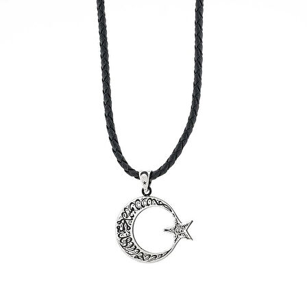 Ay Yıldız Deri İpli 925 Ayar Gümüş Erkek Kolye