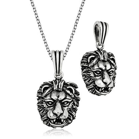 Aslan Kafası Motifli 925 Ayar Gümüş Erkek Kolye