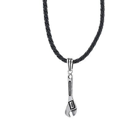 Anahtar Tasarımlı Deri İpli 925 Ayar Gümüş Erkek Kolye