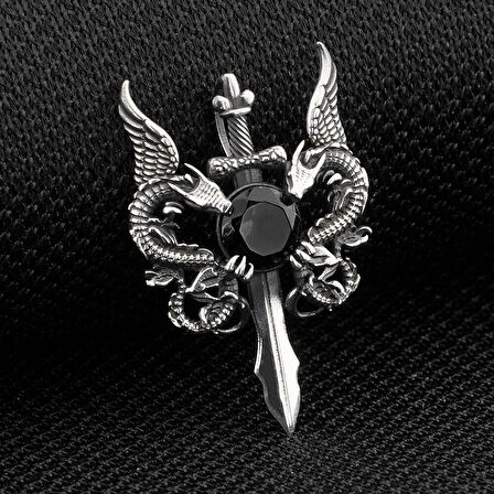 Ejderha Tasarımlı Zirkon Taşlı 925 Ayar Gümüş Erkek Kolye Ucu