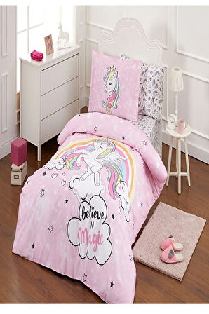 Pembe Unicorn Tek Kişilik Çarşafı Lastikli Uyku Seti