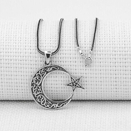 Ay Yıldız Tasarımlı  925 Ayar Gümüş Erkek Kolye