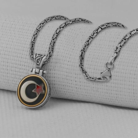 Ay Yıldız Ortası Dönen  Kral Zincir 925 Ayar Gümüş Erkek Kolye