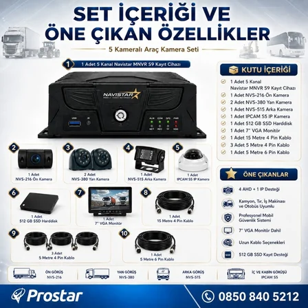 5 Kameralı Profesyonel Araç Kamera Seti 4 AHD + 1 IP | Kamyon, Tır, Otobüs, İş Makinası Uyumlu