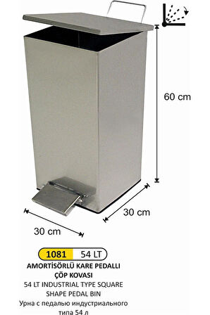 ARI METAL 1081 ENDÜSTRİYEL KARE PEDALLI ÇÖP KOVASI 54 LT