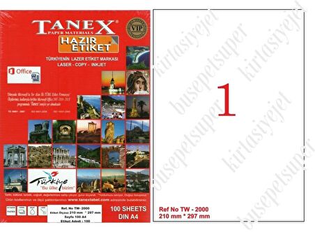 Tanex Tw-2000 Ebat 210 x 297 mm Laser Etiket  500 A4 Sayfa 