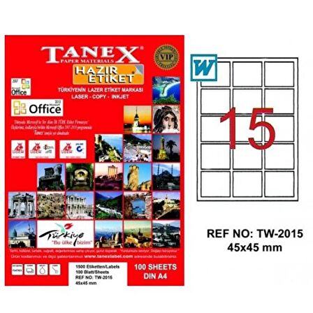 Tanex Lazer Etiket 100 YP 45x45 MM Laser-Copy-Inkjet TW-2015