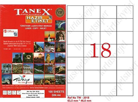 Tanex Tw-2018 Ebat 63 x 46 mm Laser Etiket  A4 Sayfada 18 Etiket