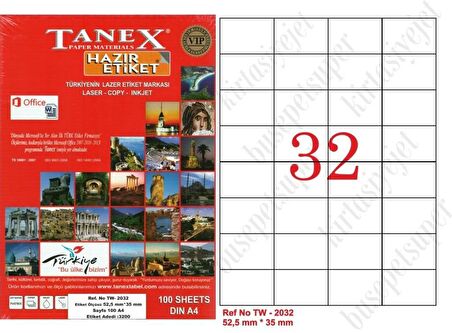 Tanex Tw-2032 Ebat 52 x 35 mm Lazer Etiket  A4 Sayfada 32 Etiket