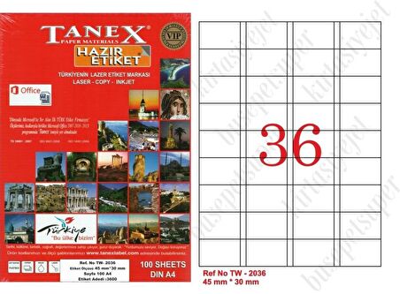 Tanex Tw-2036 Ebat 45 x 30 mm Lazer Etiket  A4 Sayfada 36 Etiket