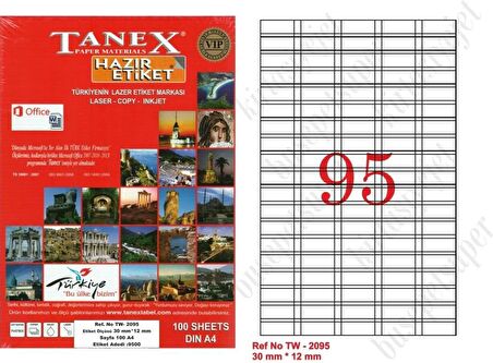 Tanex Tw-2095 Ebat 30 x 12 mm Laser Etiket  A4 Sayfada 95 Etiket