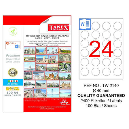 Tanex Lazer Etiket 100 YP 0.40 MM Laser-Copy-Inkjet Yuvarlak TW-2140