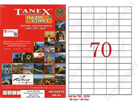 Tanex Tw-2270 Ebat 40 x 20 mm Lazer Etiket  A4 Sayfada 70 Etiket