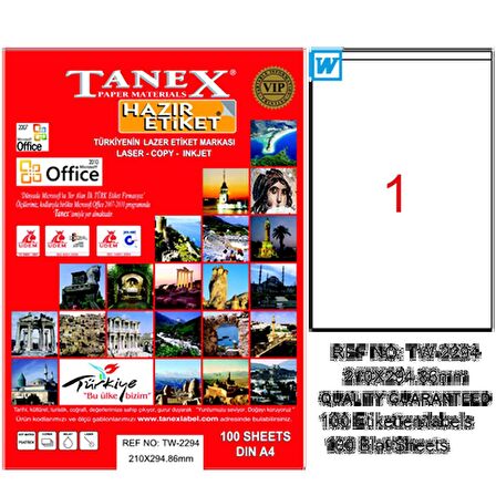 Tanex Lazer Etiket 100 YP 210X294,86 Laser-Copy-Inkjet TW-2294