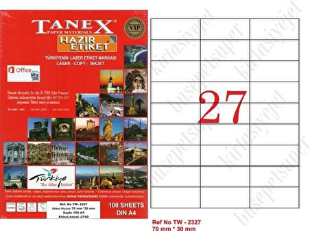 Tanex Tw-2327 Ebat 70 x 30 mm Lazer Etiket  A4 Sayfada 27 Etiket