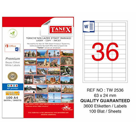 Tanex Lazer Etiket 100 YP 63x24 MM Laser-Copy-Inkjet TW-2536