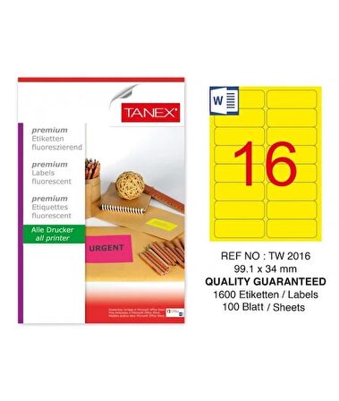 Tanex Laser Etiket 99,1x34 Mm Flo Sarı 100 Lü Tw-2016