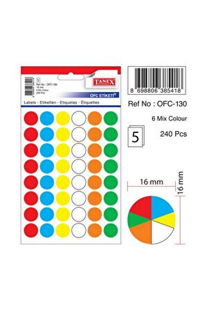 Tanex Ofc-130 Renkli Yuvarlak Ofis Etiketi 16 Mm 5 Syf-240Adt