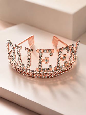 Queen Rose Gold Taşlı Lüks Taç Parti Kostüm Doğum Günü Aksesuarı Dekoru