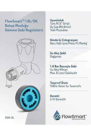 Tekli Bahçe Musluğu Gömme Debi Regülatörü 8L/DK | R1/2 Uyumlu | %65 Su Tasarrufu