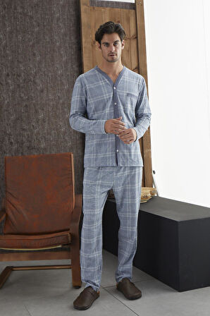 Pijamood 8827 Mavi Pamuklu Erkek Pijama Takımı