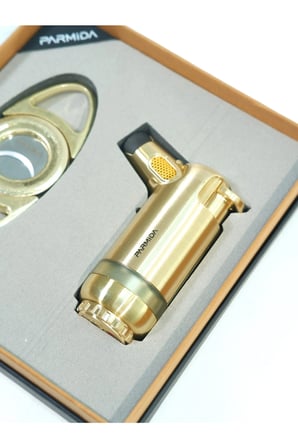 Parmida 3 Torch Gold Masa Tipi Çakmak Fırçalı Gold Kesici İkili Puro Seti TR9857