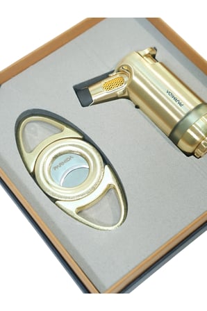 Parmida 3 Torch Gold Masa Tipi Çakmak Fırçalı Gold Kesici İkili Puro Seti TR9857