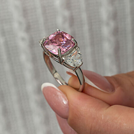 Pembe Zirkon Taşlı 925 Ayar Gümüş Kadın Yüzük