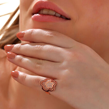 Rose Taşlı Çiçek 925 Ayar Gümüş Kadın Yüzük