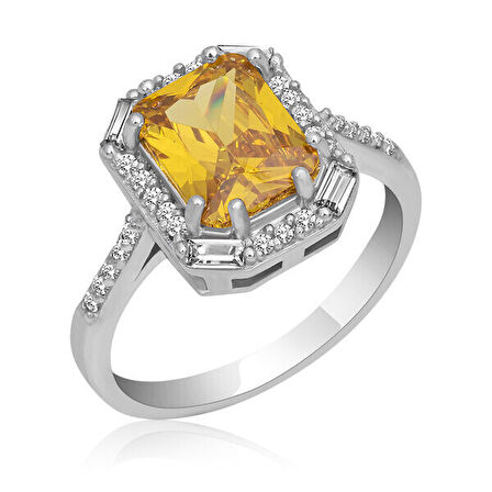 Sarı Kare Zirkon Taşlı 925 Ayar Gümüş Kadın Yüzük