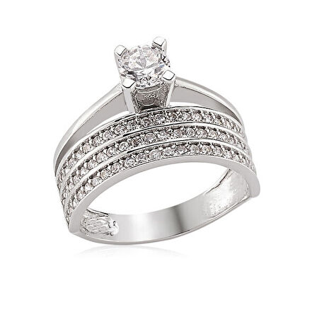 Tek Taş  Üç Sıralı Alyans 925 Ayar Gümüş Kadın Yüzük