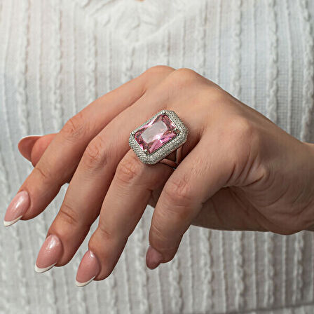 Pembe Zirkon Taşlı 925 Ayar Gümüş Kadın Yüzük
