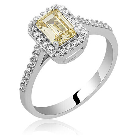 Sarı Baget Zirkon Taşlı 925 Ayar Gümüş Kadın Yüzük