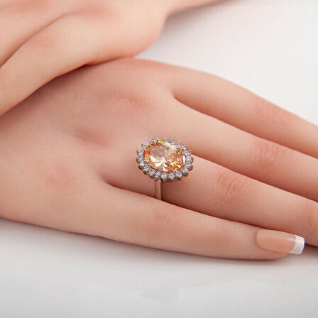 Turuncu Taşlı Oval 925 Ayar Gümüş Kadın Yüzük