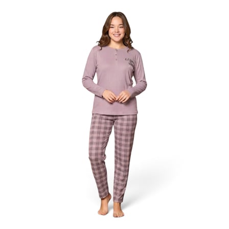 Modalove Kadın Raporlu İnterlok Kumaş Kışlık Uzun Kol Pijama Takımı 8863