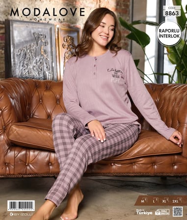 Modalove Kadın Raporlu İnterlok Kumaş Kışlık Uzun Kol Pijama Takımı 8863