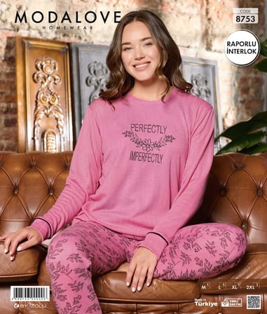 Modalove Kadın Raporlu İnterlok Kumaş Kışlık Uzun Kol Pijama Takımı 8753