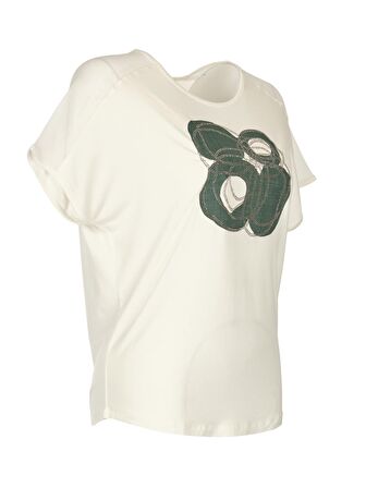 Daıdo Yuvarlak Yaka Taş Baskılı Kısa Kollu Ekru Kadın T-Shirt 20Y291900709
