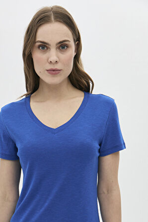 Daido Kadın V Yaka Kısa Kollu Pamuklu Basic T-Shirt 5982 Saks