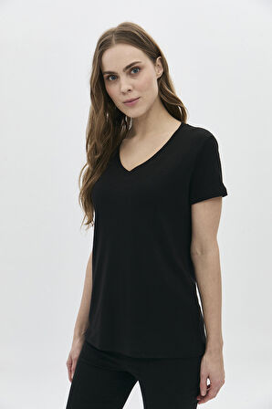 Daido Kadın V Yaka Kısa Kollu Pamuklu Basic T-Shirt 5982 Siyah