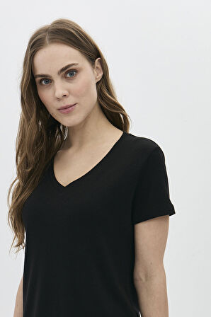 Daido Kadın V Yaka Kısa Kollu Pamuklu Basic T-Shirt 5982 Siyah