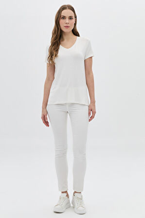 Daido Kadın Basic V Yaka T-Shirt 5980 Ekru