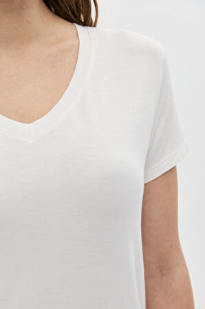 Daido Kadın Basic V Yaka T-Shirt 5980 Ekru