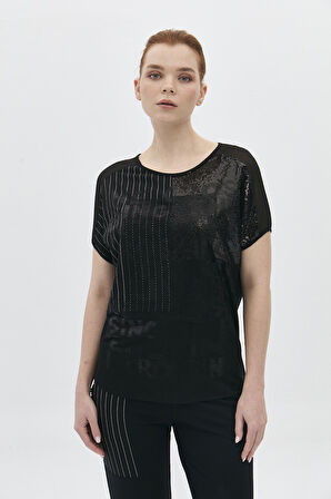 Daido Kadın Önü File ve Payet Detaylı Bisiklet Yaka Bluz 5811 Siyah