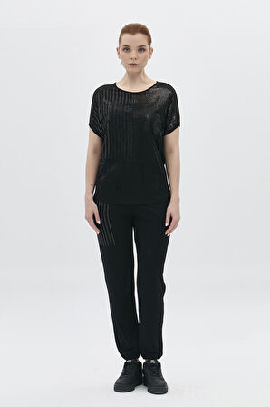 Daido Kadın Önü File ve Payet Detaylı Bisiklet Yaka Bluz 5811 Siyah